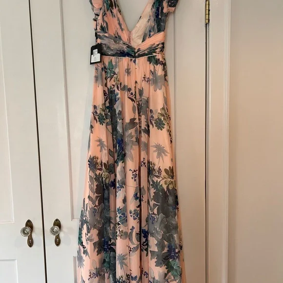 Floral Wrap Maxi Mac Duggal Dress in Peach and Blue - Picture 3 of 5